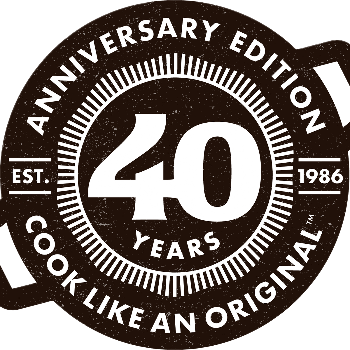 A circular commemorative logo design reading 'ANNIVERSARY EDITION', '40 YEARS', 'EST. 1986', and 'COOK LIKE AN ORIGINAL', with a distressed dark brown/black and white color scheme on a transparent background.