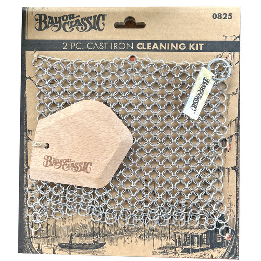 2-piece Cast Iron Cleaning Kit with chainmail scrubber and beech wood scraper on a white background