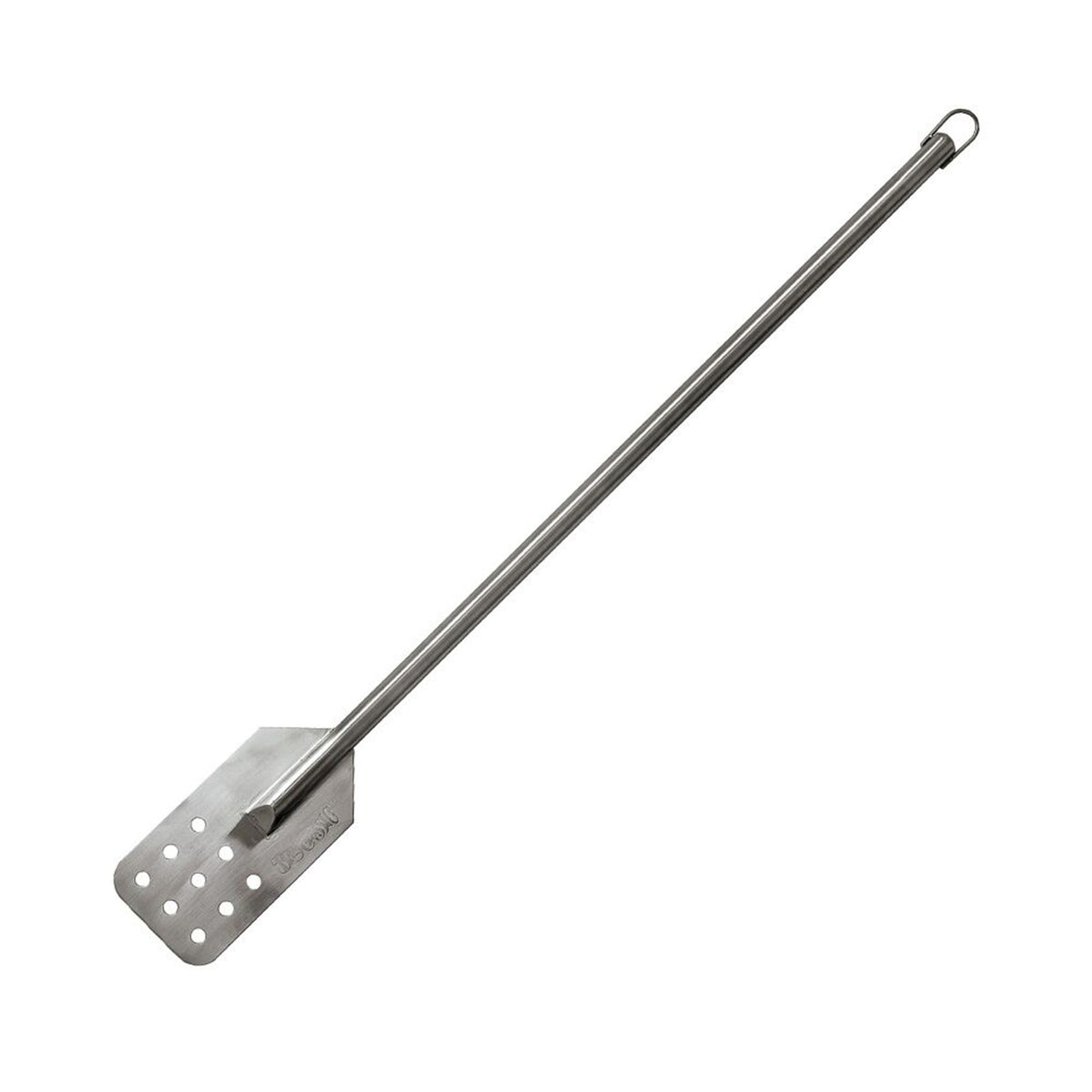 A 42-inch stainless steel stir paddle with a perforated paddle surface, designed for stirring large boiling pots.