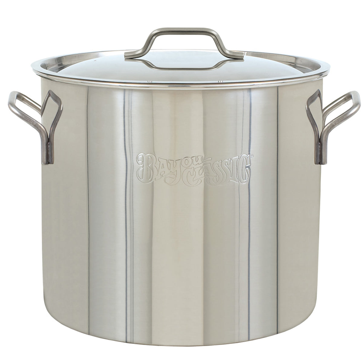 A stainless steel stockpot with a domed lid on a white background.