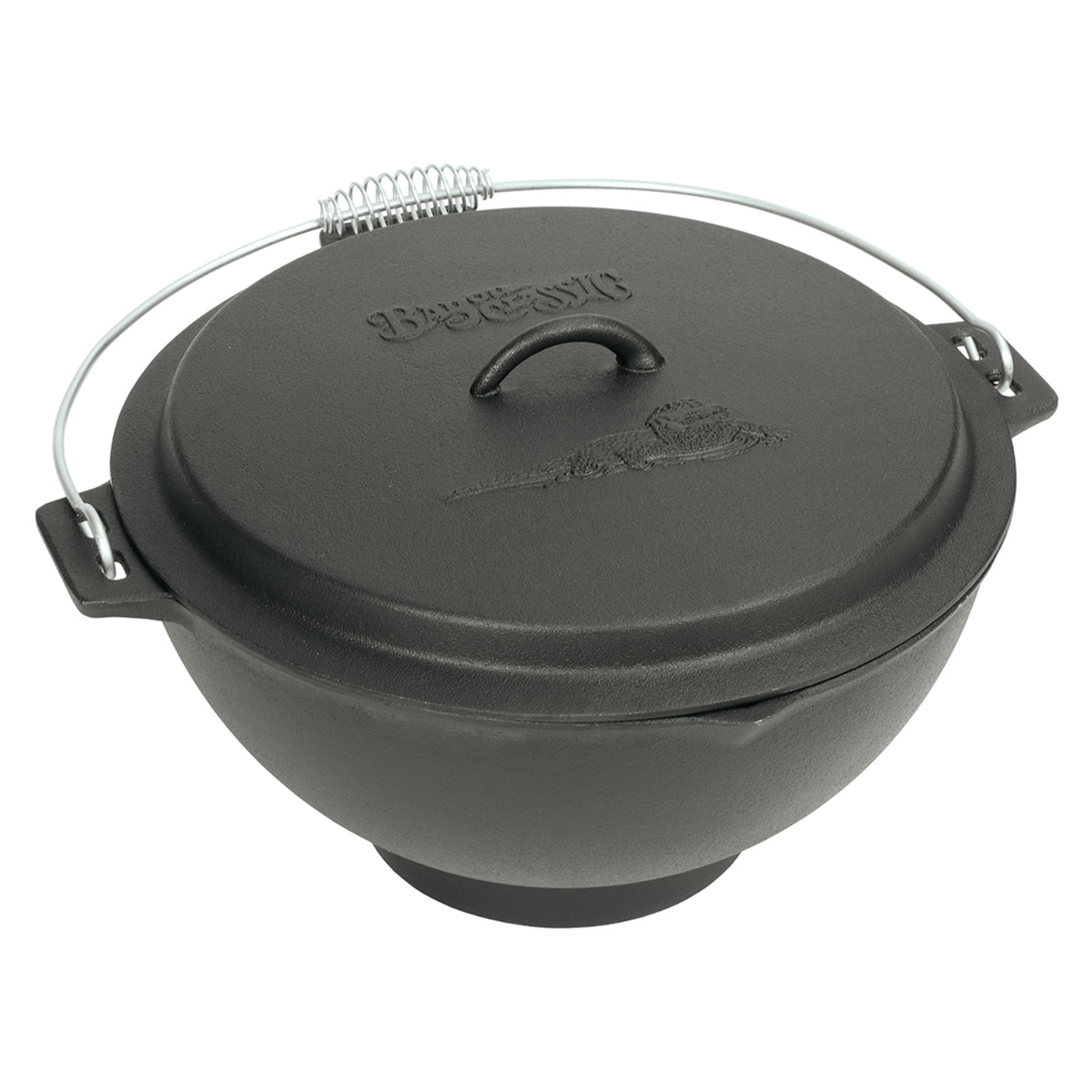 A black cast iron jambalaya kettle with a domed lid and a coil wire handle on a white background
