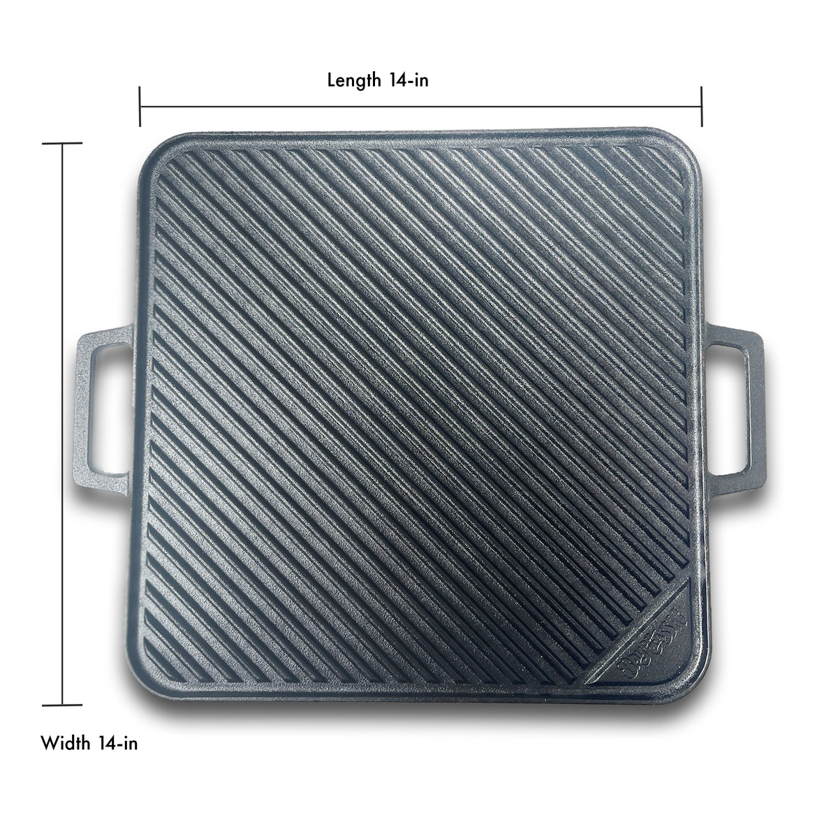 Square cast iron griddle showing dimensions of 14-in length and 14-in width on a white background
