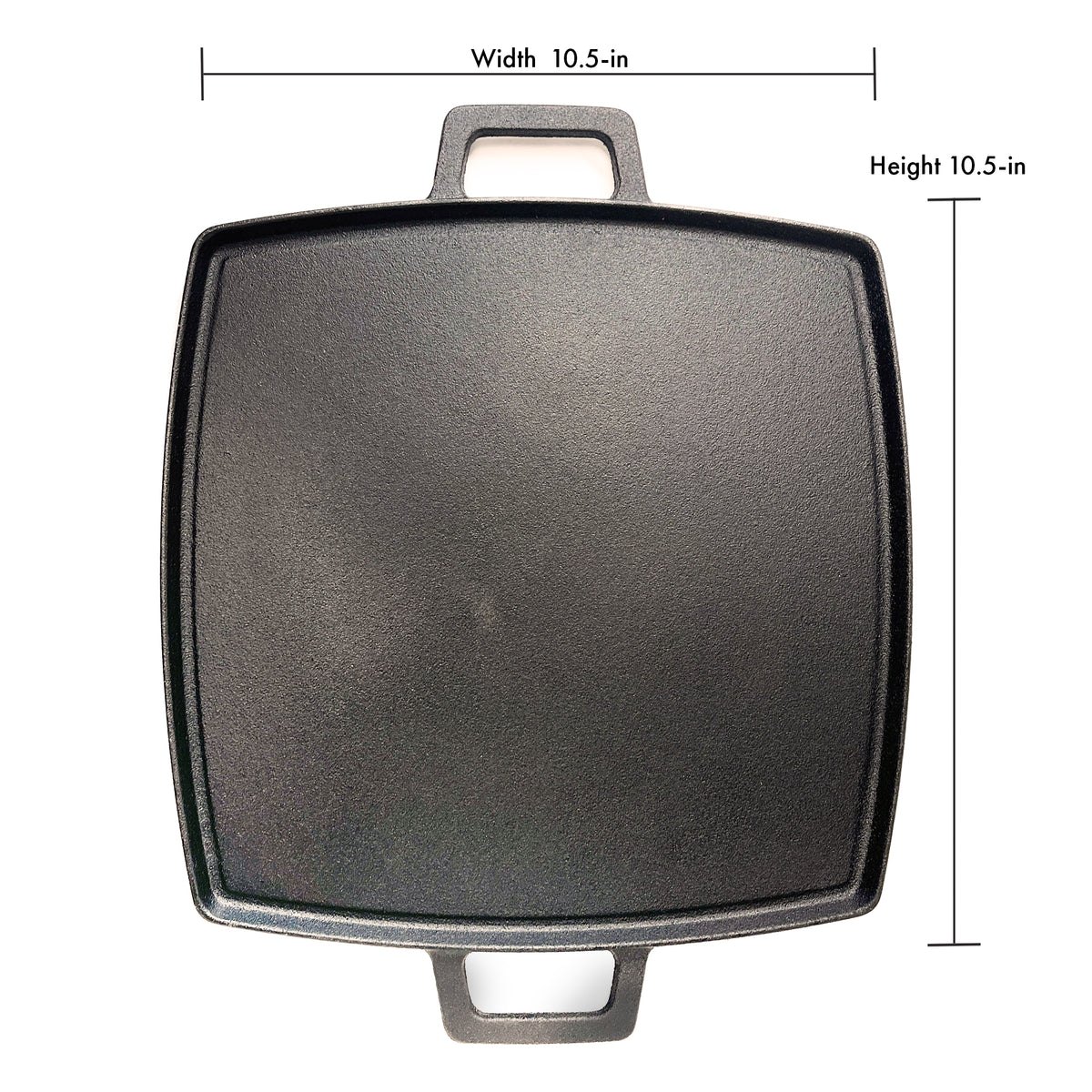 Square cast iron griddle on a white background.  Dimensions read 10.5-in width and 10.5-in length.