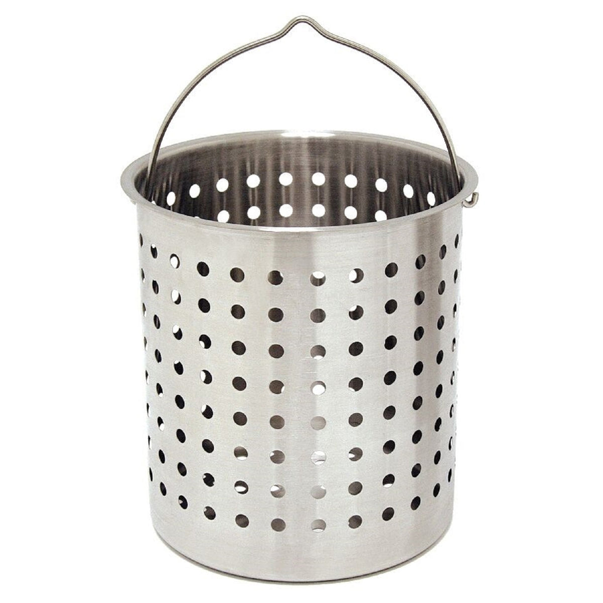 A silver aluminum perforated basket with a handle, designed as an accessory for a turkey fryer.