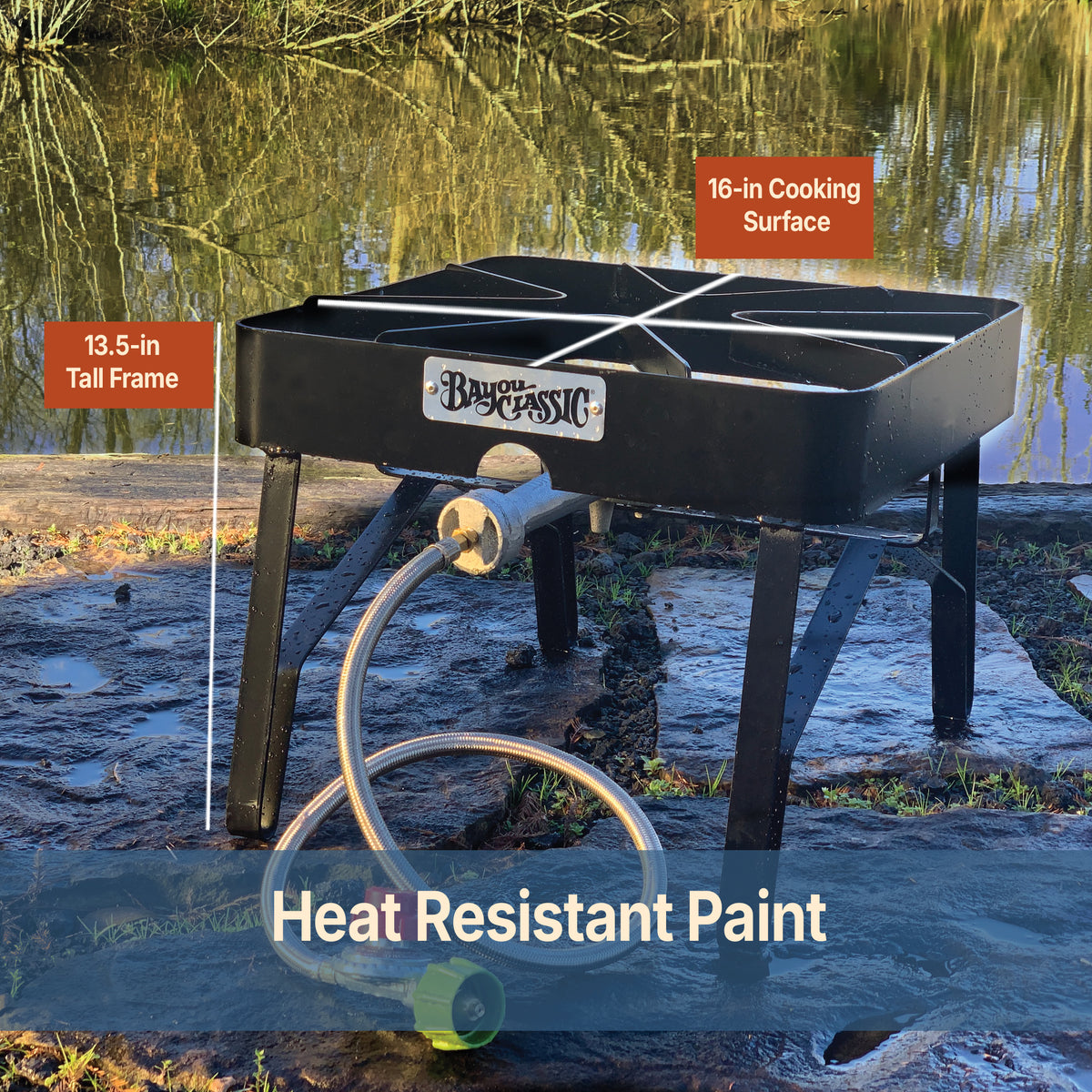 Black steel patio stove in an outdoor setting with copy that reads heat resistant paint, 16-in cooking surface, and 13.5-in tall frame