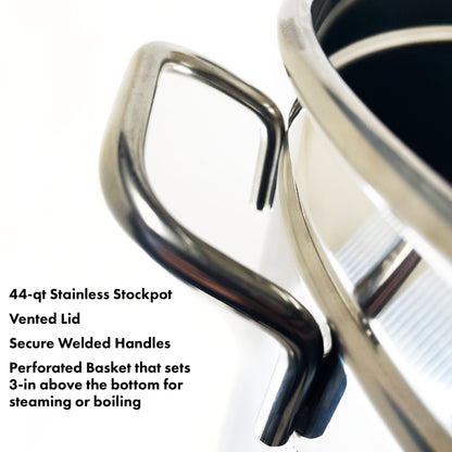 Close up of Stainless Stockpot Handle with features that read 44-qt Stainless Stockpot, Vented Lid, Secure Welded Handles, and Perforated Basket that sets 3-in above the bottom for steaming or boiling