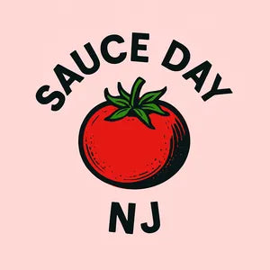 A graphic design featuring a red tomato with green leaves in the center, with the text 'SAUCE DAY' arched above and 'NJ' below, all in black on a light pink background.