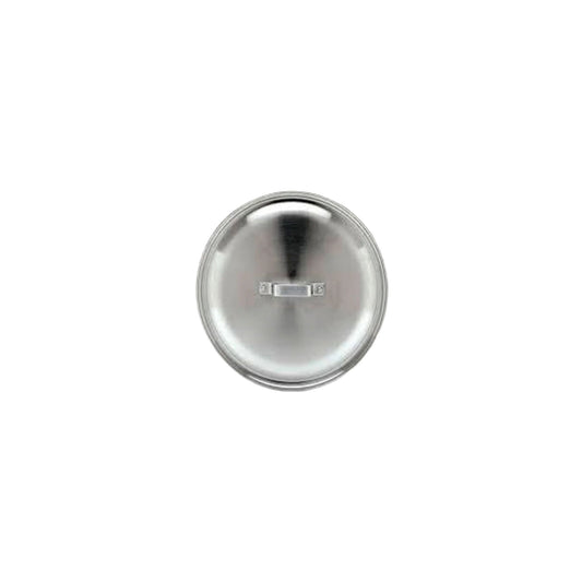 A silver aluminum lid for a Bayou Classic cast iron jambalaya kettle.